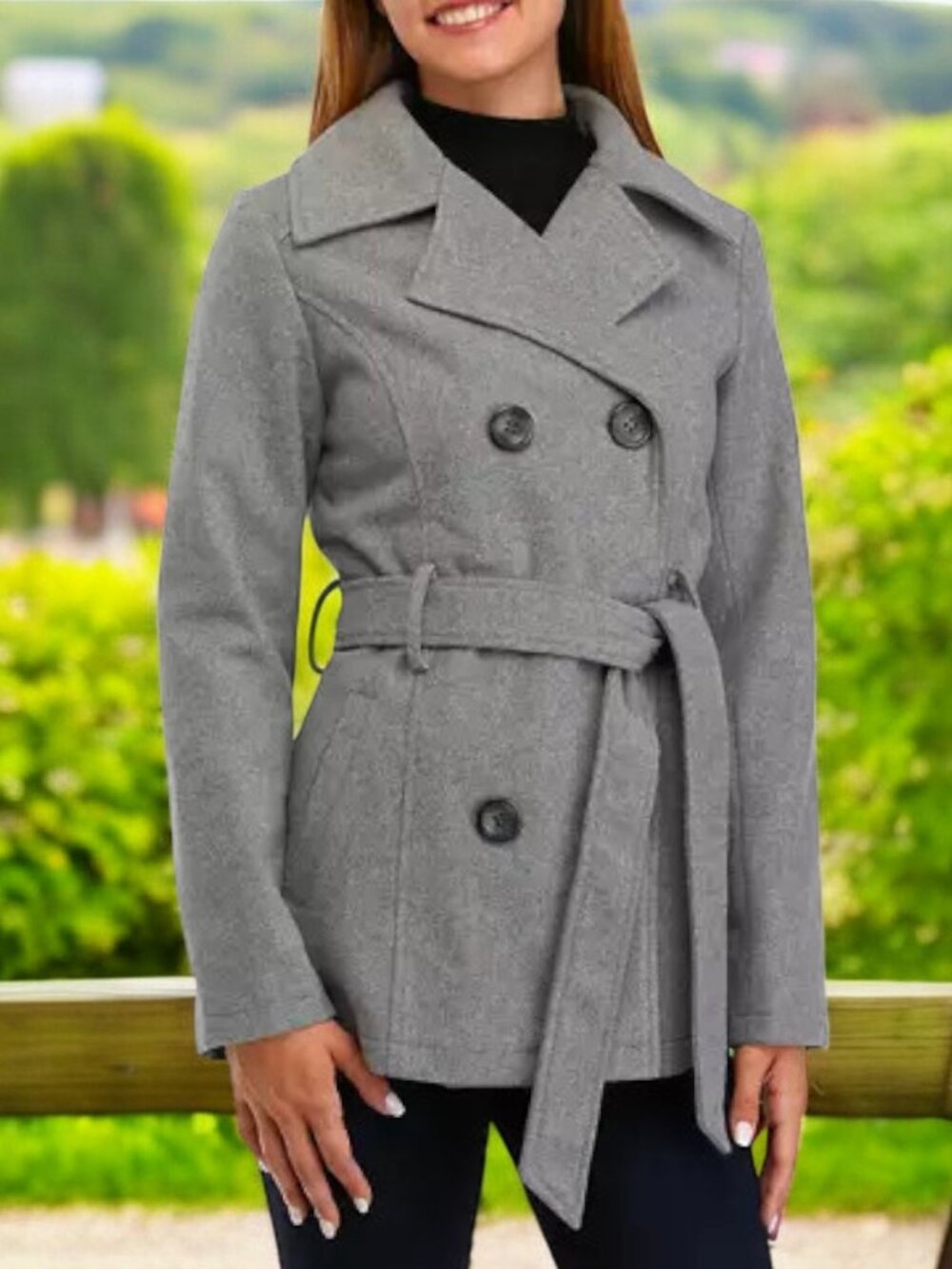 Classic Faux Wool Collared Button Up Belted Heather Grey Midi Length Pea Coat